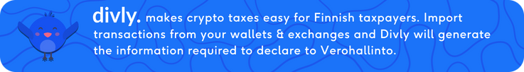 Divly makes crypto taxes easy for Finnish taxpayers. Import transactions from your wallets & exchanges and Divly will generate the information required to declare to Verohallinto