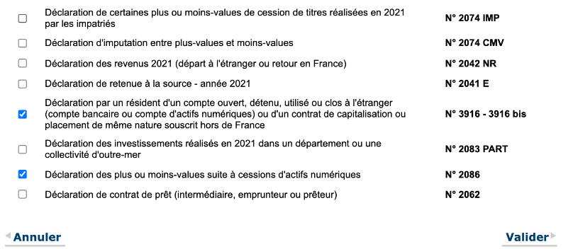 Indiquez que vous devez déclarer les formulaires 3916 bis et 2086