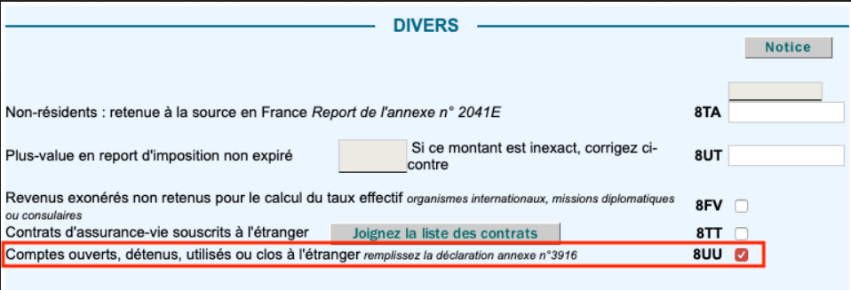 Cochez la case 8UU pour déclarer les comptes de cryptomonnaie étrangers