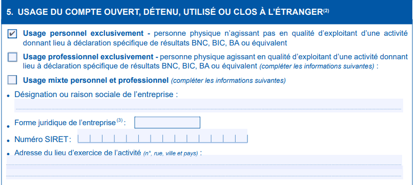 Étape de Déclaration de l'Utilisation du Compte