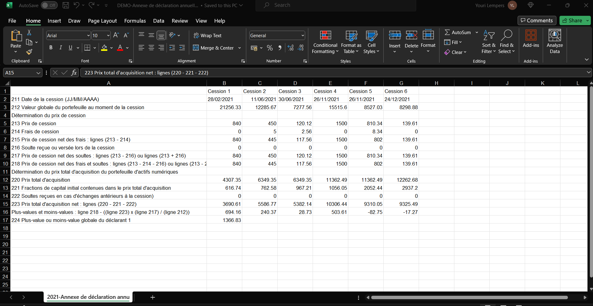 Sample of Divly's Form 2086 for French Crypto Tax Reporting