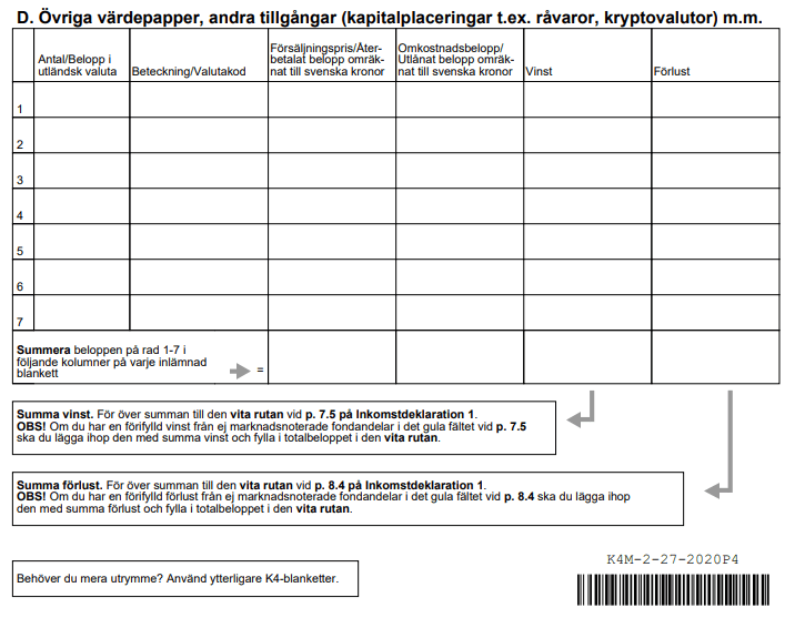 K4-form Section D for declaring cryptocurrencies to Skatteverket