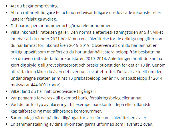 Required information for Självrättelse to Skatteverket.