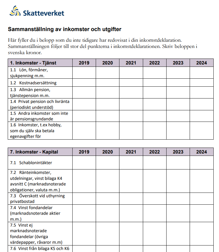 Summarize income from previous years with Skatteverkets form.