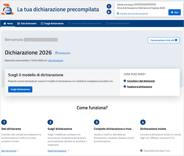 Agenzia Entrate pre-filled tax return home page