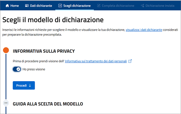 Scegli modello and Procedi button