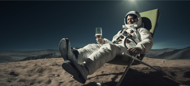 An astronaut lounges comfortably on a deck chair on the Moon's surface, a glass of champagne in hand, epitomizing the ultimate, albeit fanciful, tax haven for crypto investors where taxes are non-existent and the only limit is the sky—a tongue-in-cheek nod to the popular crypto mantra of taking investments 'to the moon