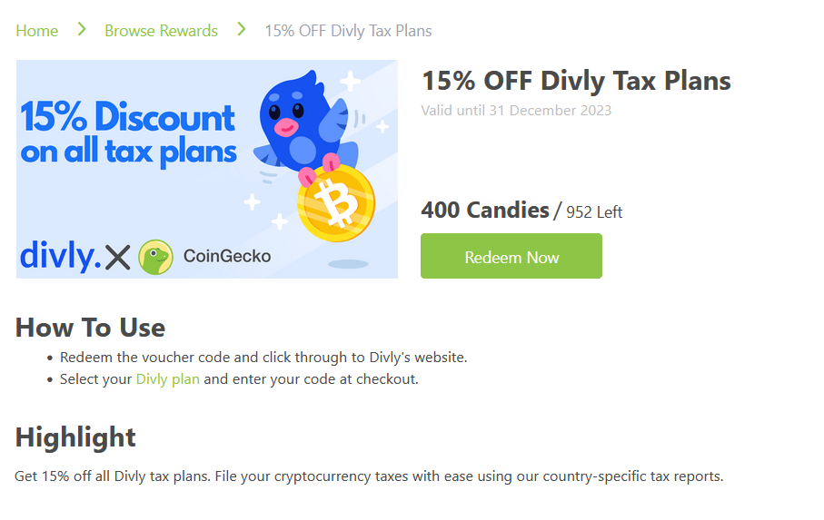 Earn Coingecko Candies to get a discount at Divly