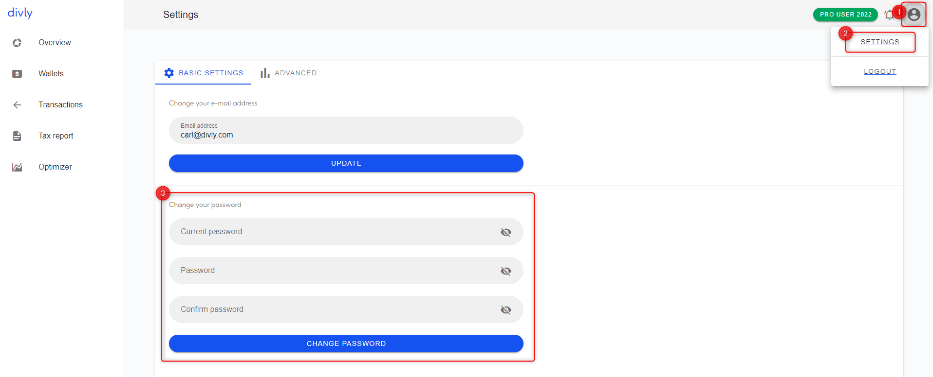 Change password in Divly