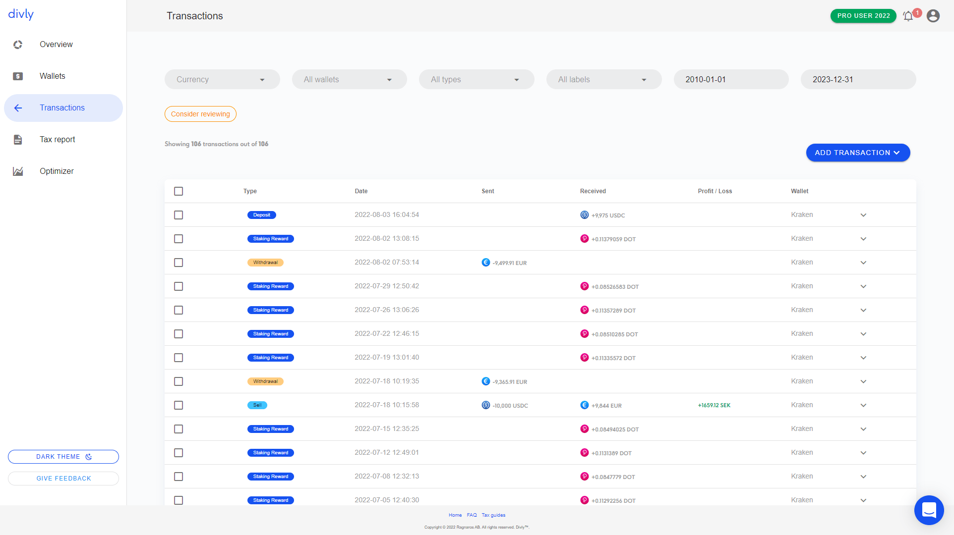 Transactions page