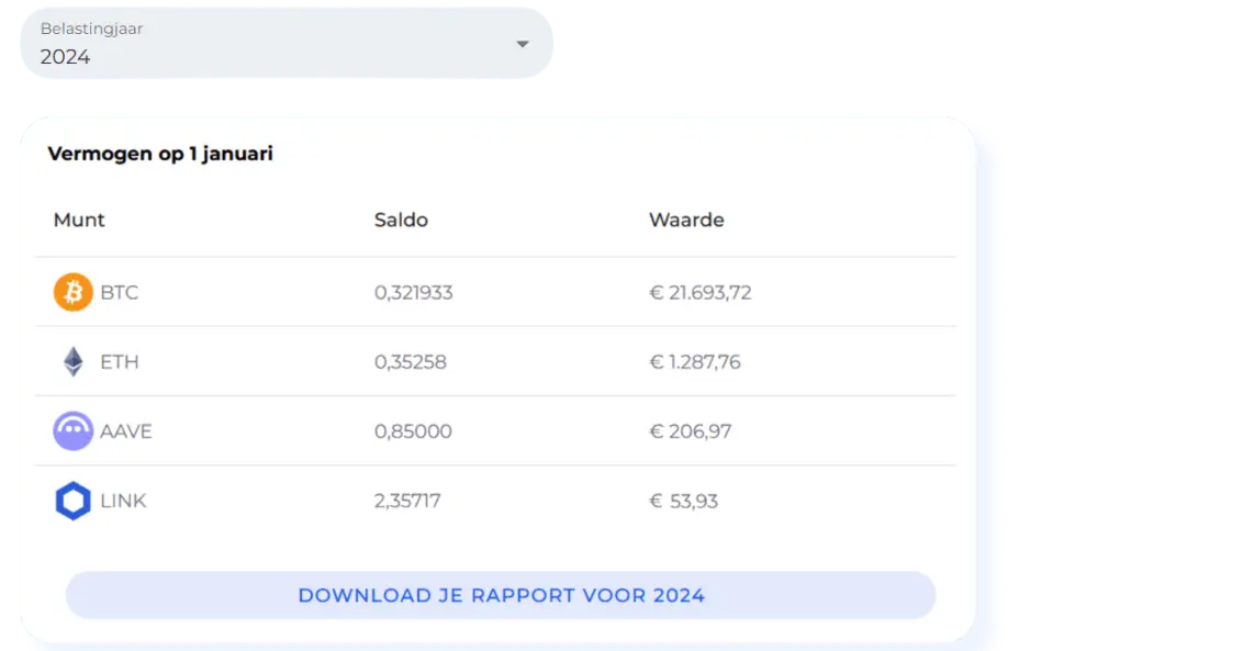 Overzicht van vermogen op 1 januari met saldo en waarde van verschillende crypto's, berekend door Divly's crypto-belastingplatform