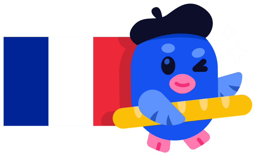 Divly-mascotte avec un béret, une baguette et le drapeau français en arrière-plan