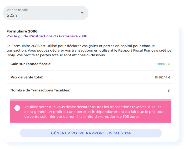 Divly interface montrant le Formulaire 2086 avec gains, ventes totales, transactions taxables et bouton pour générer le rapport fiscal