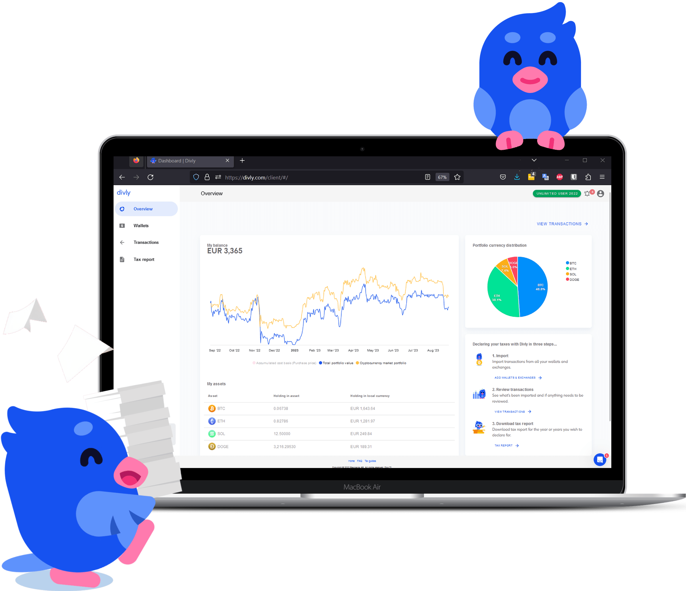Divlys kryptoskattplattform viser porteføljeoversikt, verdiendringer, og transaksjonsdetaljer. Maskoten bærer en bunke med dokumenter for å illustrere enkel skatterapportering.