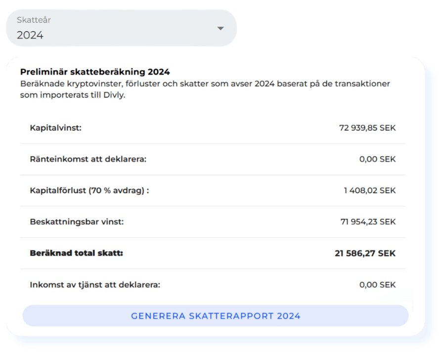 Preliminär skatteberäkning för 2024 visar kapitalvinster, avdragsgilla förluster och totala skatter baserade på importerade transaktioner via Divly. Inkluderar beräknad skatt och deklarationsalternativ