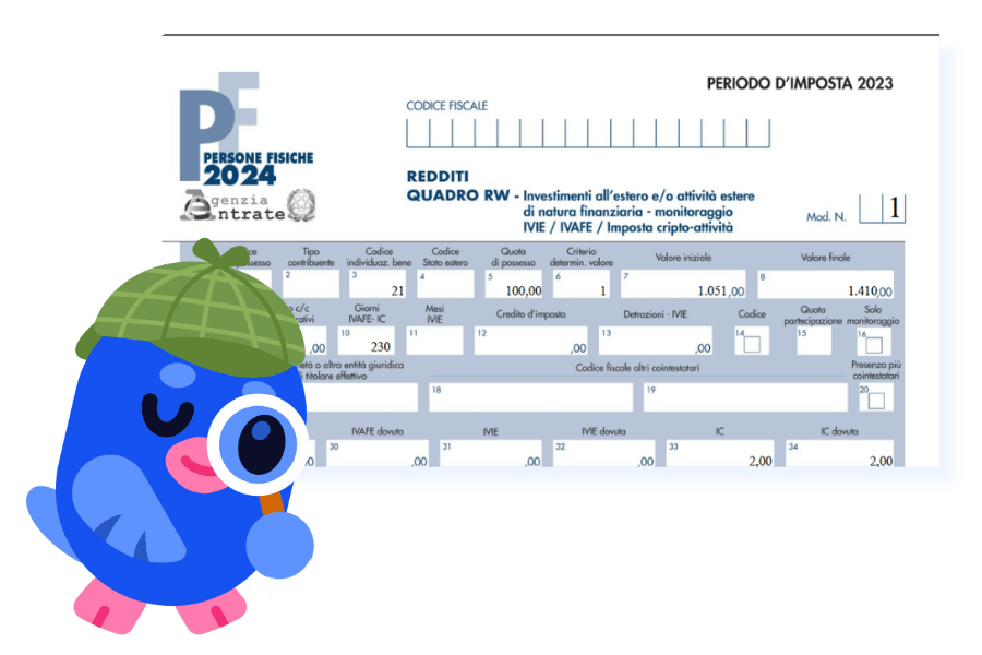 Modulo Quadro RW compilato per la dichiarazione dei redditi in Italia, con un tocco divertente di un personaggio Divly che indossa un cappello da investigatore e una lente d'ingrandimento per rappresentare precisione e attenzione ai dettagli nel calcolo delle tasse sulle criptovalute.