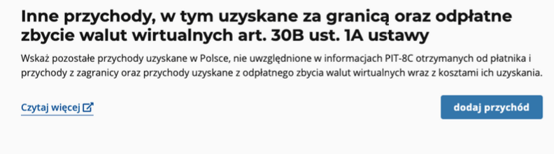 Zrzut ekranu pokazujący, gdzie wpisać dochody z kryptowalut