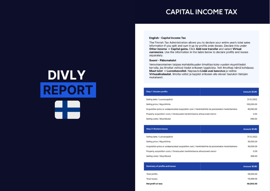 Divly's tax report has all the information needed for your crypto tax declaration in Finland