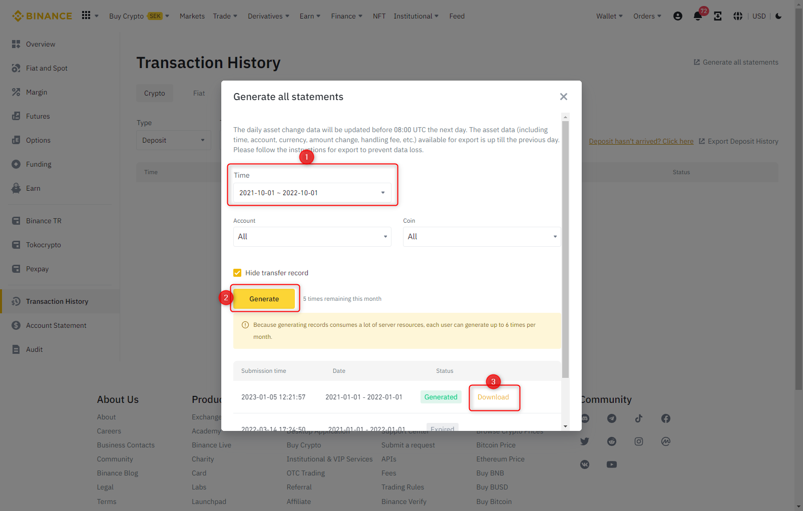 Muista ladata koko Binance-transaktiohistoriasi.