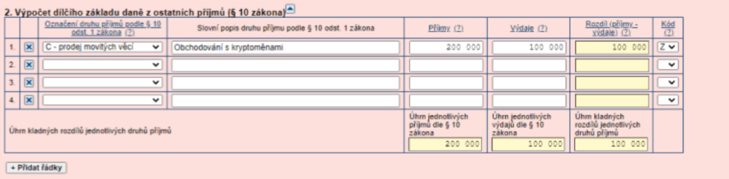 Vykaž Příjmy a Výdaje z krypta v Příloze č. 2