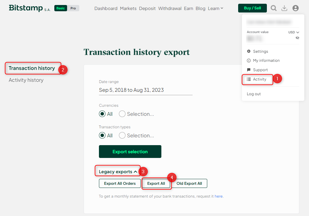 Comment exporter les transactions depuis Bitstamp en utilisant l'exportation de fichier
