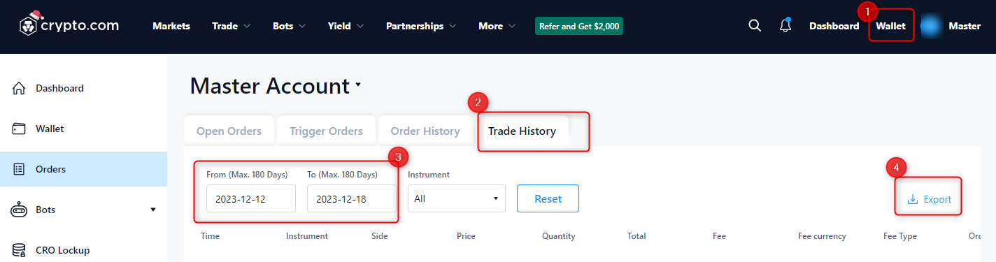 Comment exporter les transactions (Trades) depuis crypto.com