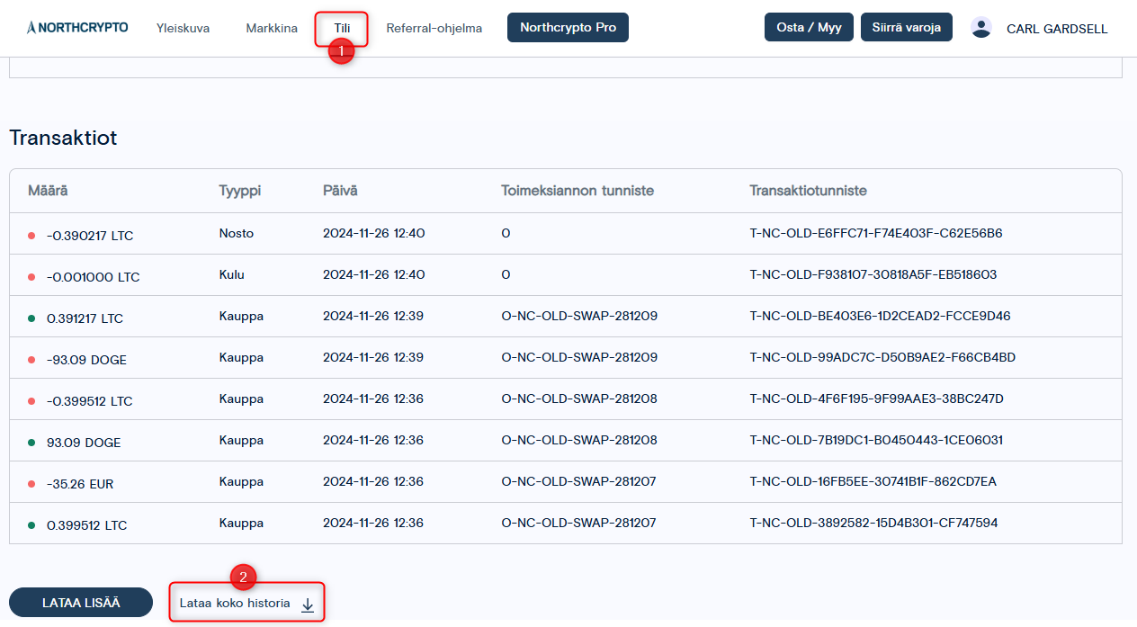 Northcrypto-verkkosivuston sivu transaktiohistorian lataamiseen